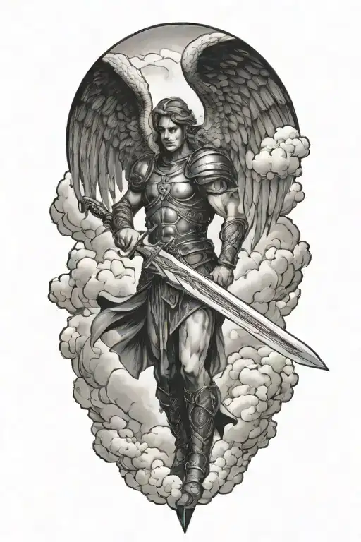Archangel Michael wielding a sword in Enochian language script, surrounded by clouds in a blackwork style tattoo design idea