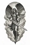 Archangel Michael wielding a sword in Enochian language script, surrounded by clouds in a blackwork style tattoo design idea