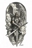 Archangel Michael wielding a sword in Enochian language script, surrounded by clouds in a blackwork style tattoo design idea
