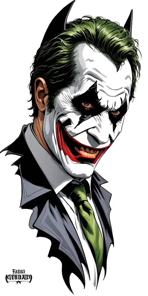 the joker wearing batman mask surrounded by thematic decoration tattoo design idea