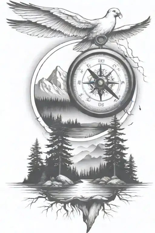 pine tree forest with stream and mountains with compass and dove tattoo design idea
