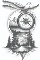 pine tree forest with stream and mountains with compass and dove tattoo design idea