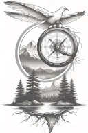 pine tree forest with stream and mountains with compass and dove tattoo design idea