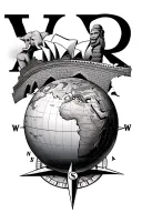 globe on compass with an elephant and a moai standing on great wall of China that leads to the Sydney opera house  tattoo design idea