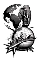 globe on compass with an elephant and a moai standing on great wall of China that leads to the Sydney opera house  tattoo design idea