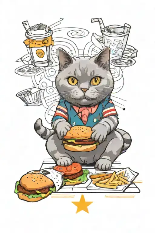 Cute British shorthair blue cat, McDonald's hamburger, Miami gloves in CSGO, diamonds, and the sun tattoo design idea