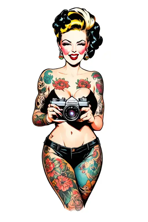 A rockabilly pin-up girl, front view, winking with charm. She's holding a vintage Leica camera in front of her. She wear tattoo design idea