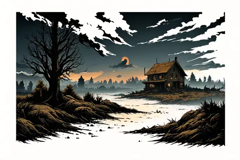 post apocalyptic landscape horror tattoo design idea