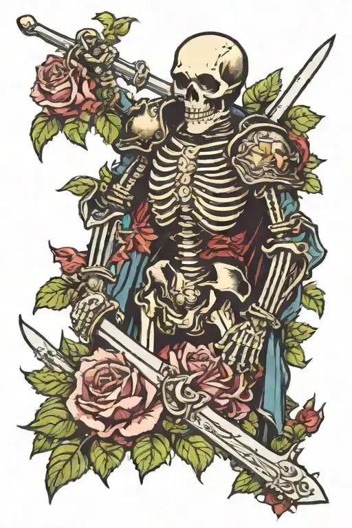 Skeleton knight with a sword laying dead with moss and flowers growing on him tattoo design idea