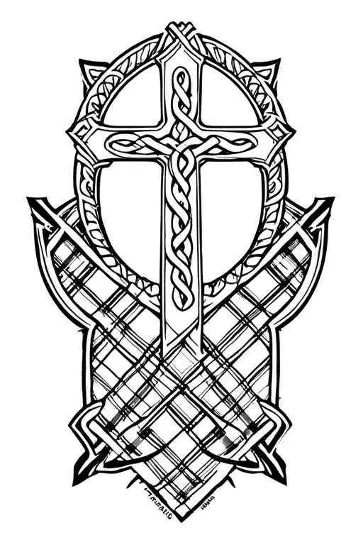 celtic cross on left arm with celtic mark on left shoulder blade joined together with a kildare tartan pattern tattoo design idea