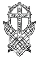 celtic cross on left arm with celtic mark on left shoulder blade joined together with a kildare tartan pattern tattoo design idea