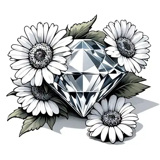 Diamond laying on its side with 2 daisies and one poppy lying next to it tattoo design idea