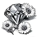 Diamond laying on its side with 2 daisies and one poppy lying next to it tattoo design idea