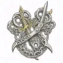 a pair of ornette scissors cutting through 1 of 2 thick heavy strong chains  tattoo design idea