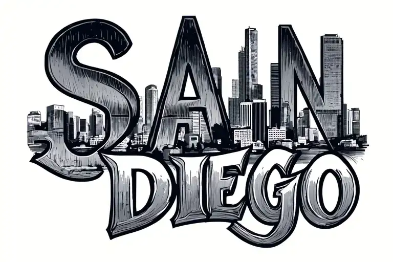 the word san diego with the san diego skyline going through all the letters including downtown san diego and the coronad tattoo design idea