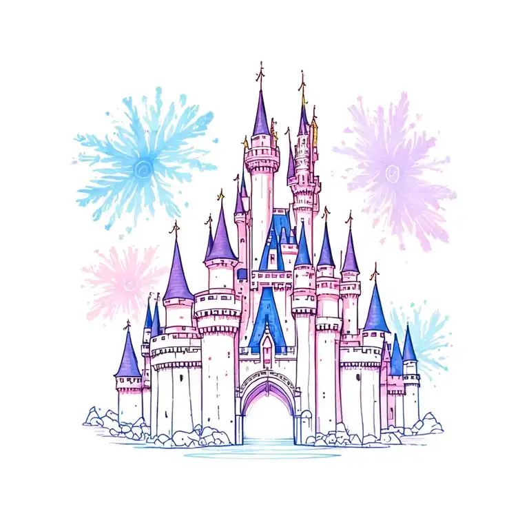 Walt Disney world Cinderella castle with a little color pink purple blue tattoo design idea