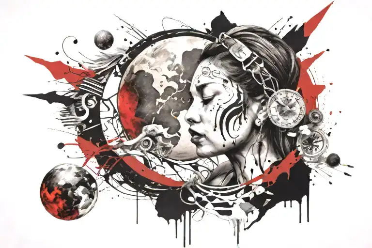 indigenous woman with planet earth; sun; moon; tattoo design idea
