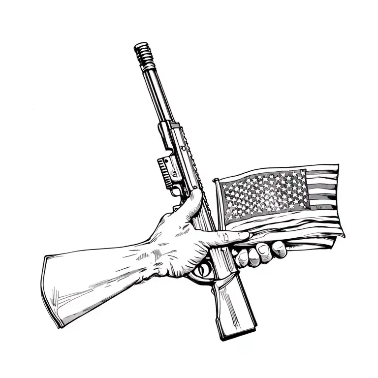 Illustrate a sketch of a hand holding a folded US flag with a rifle leaning against it tattoo design idea