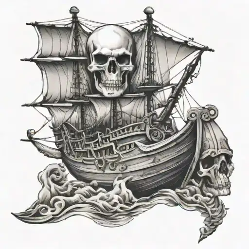 skull and viking ship sailing tattoo design idea