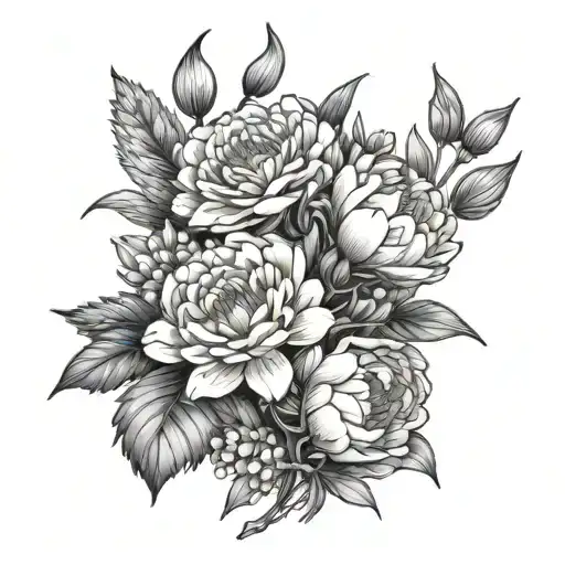 bouquet of aster, carnation, snowdrop flower tattoo design idea