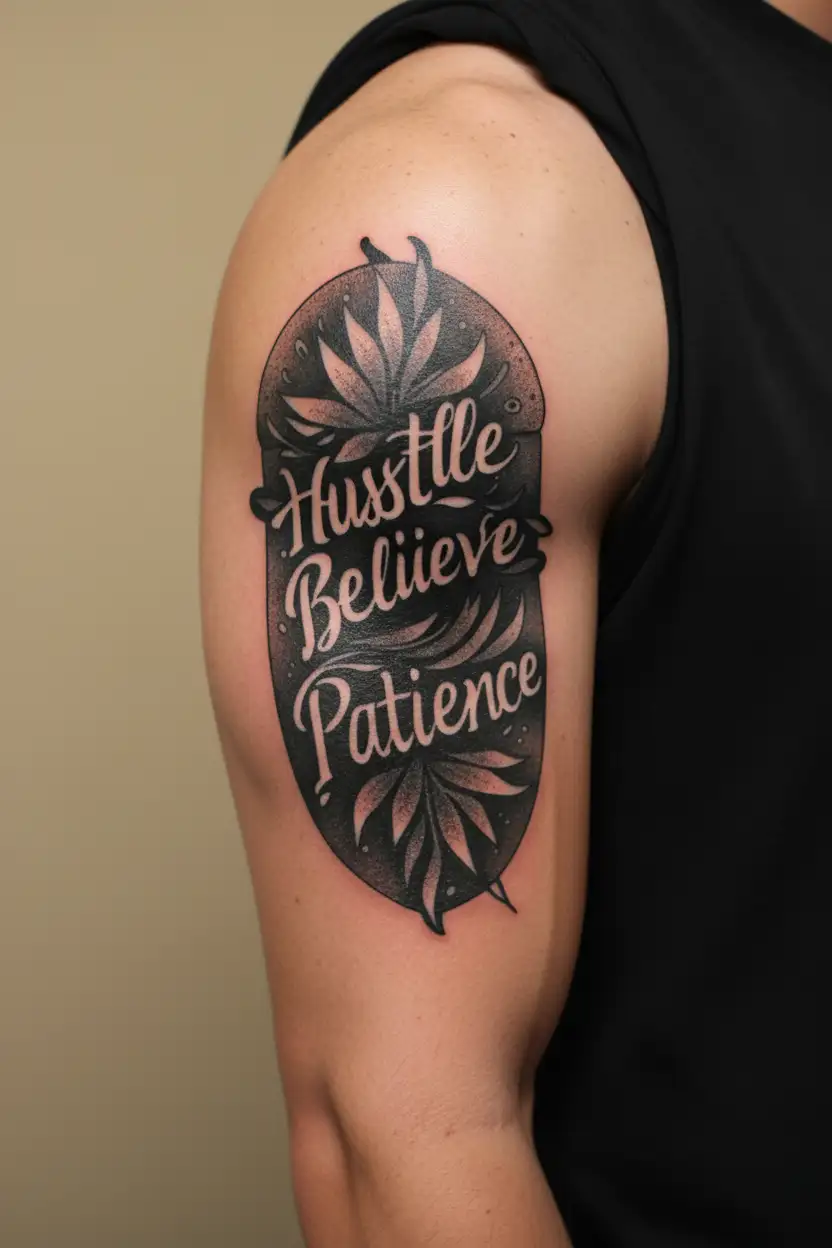 Hustle, Believe, Patience word tattoo design idea
