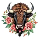 bison head with roses surrounded tattoo design idea