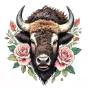bison head with roses surrounded tattoo design idea
