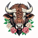 bison head with roses surrounded tattoo design idea