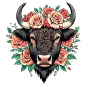 bison head with roses surrounded tattoo design idea