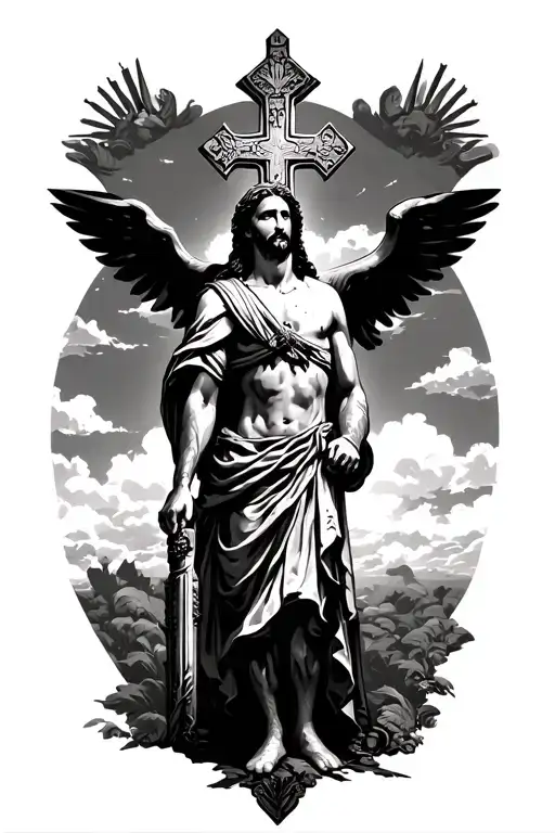 soldier of god watching to the sky where jesus is king cross tattoo design idea