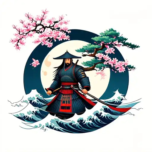 samurai warrior, japanese shrine, sakura tree, moon and wave tattoo design idea