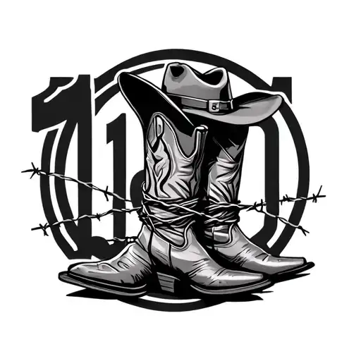 cowboy boots with spurs on wrapped in barbed wire with cowboy hat on top and I-10 sign tattoo design idea