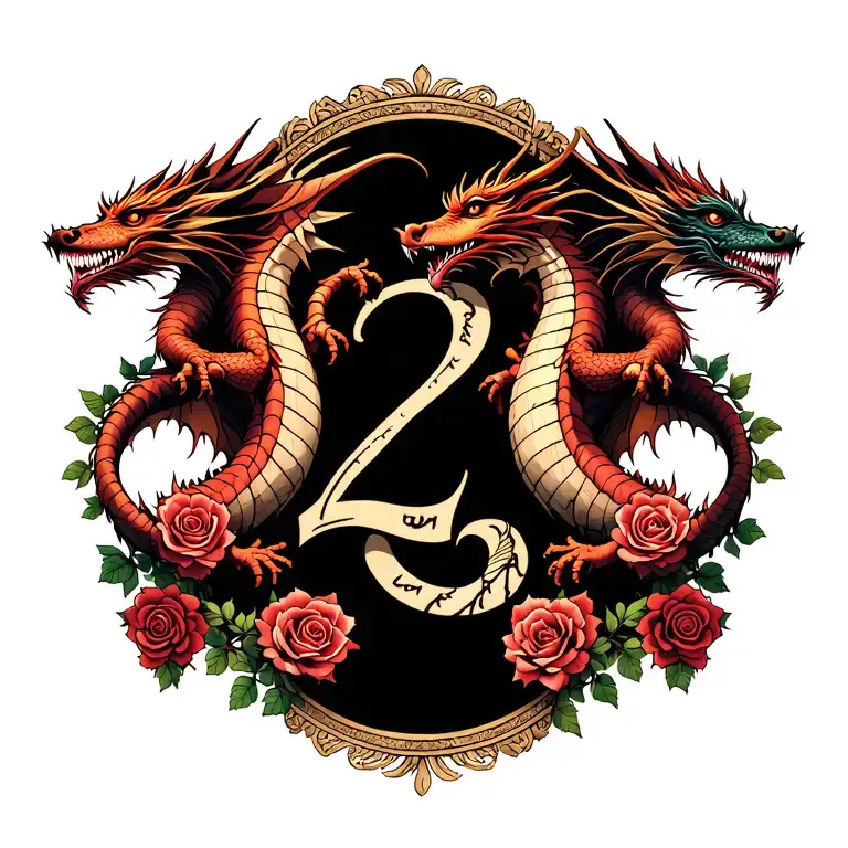 twin dragons wrapped around the columns of a gemini zodiac symbol (like the roman numeral 2) with rose vines tattoo design idea