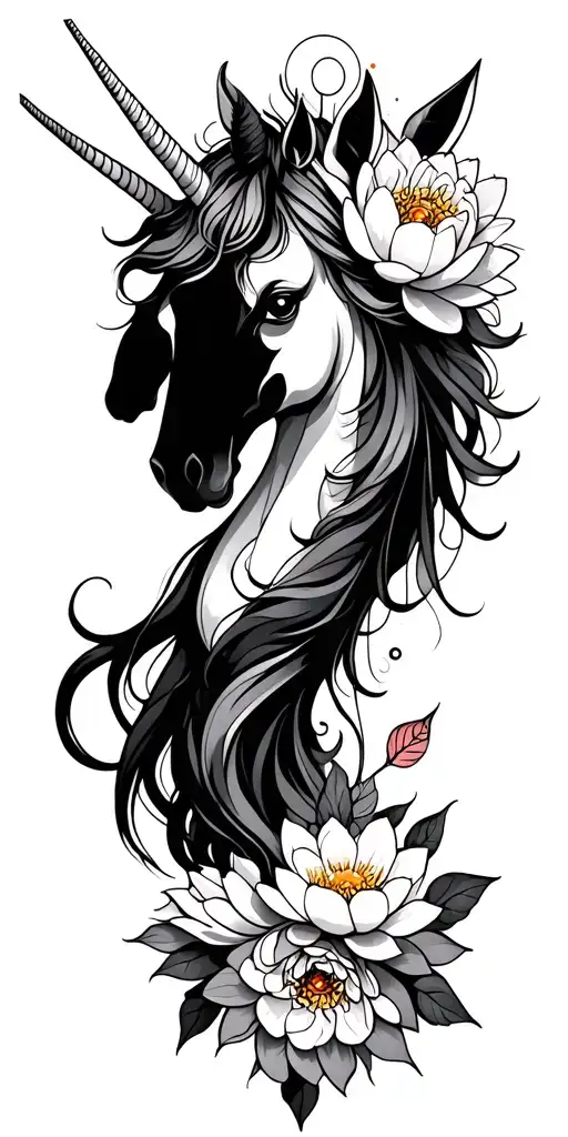 unicorn, all-seeing, peonies and lotus flowers, chakra symbols, sun & moon, mandalas  tattoo design idea