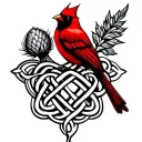 A Celtic knotwork design incorporating elements of Scottish thistle and a red cardinal bird tattoo design idea