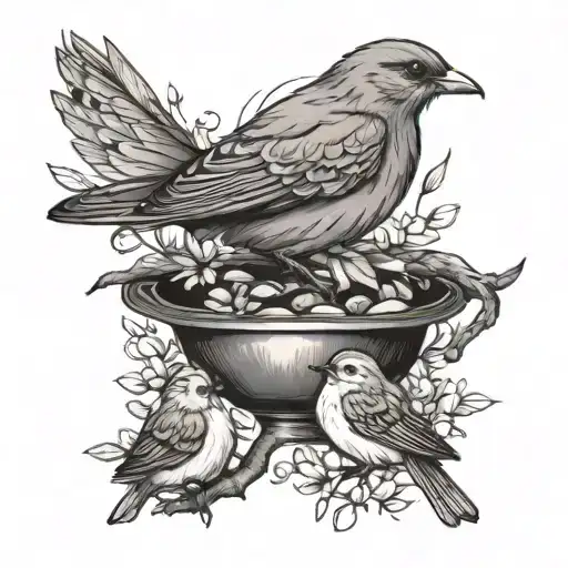 An elegant black and grey tattoo of a mother bird feeding her chicks, symbolizing nurturing and motherhood tattoo design idea
