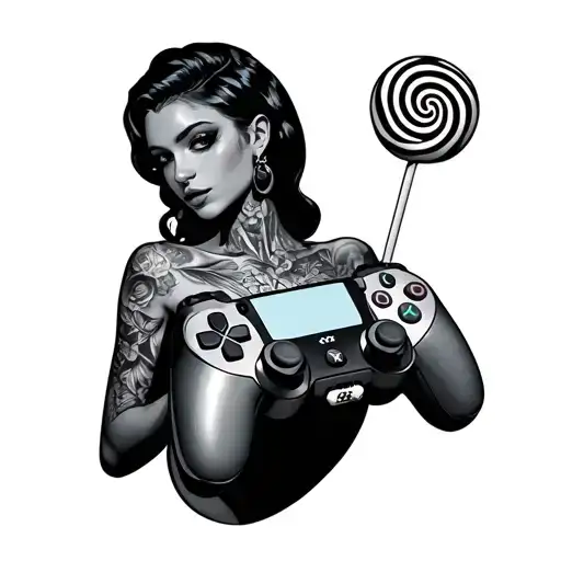 lady's body with lollipop and ps controller tattoo design idea