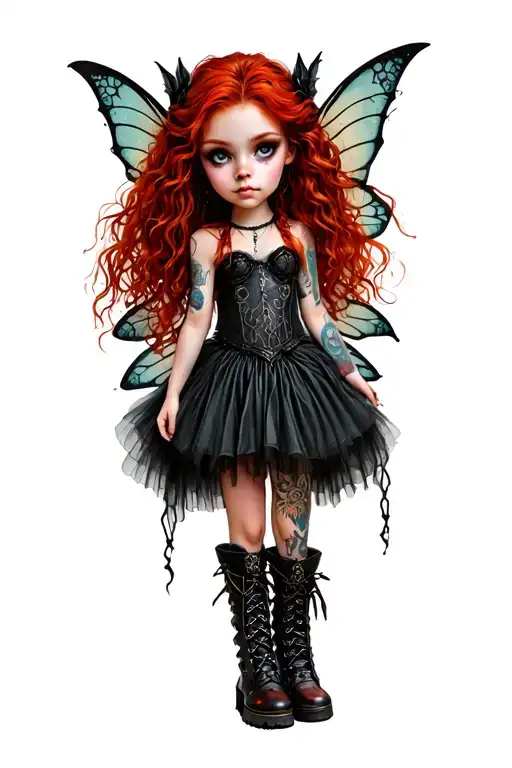 Small Gothic fairy, bright corrugated red hair to the shoulders, carbon -black eyes, stack boots tattoo design idea