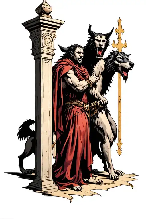 Hades and Cerberus guarding the gates tattoo design idea