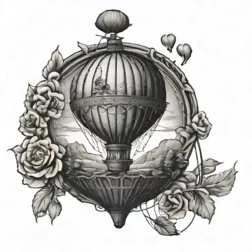 Vintage Hot Air Balloon, balloon is anotomical heart, and basket is anotomical brain tattoo design idea