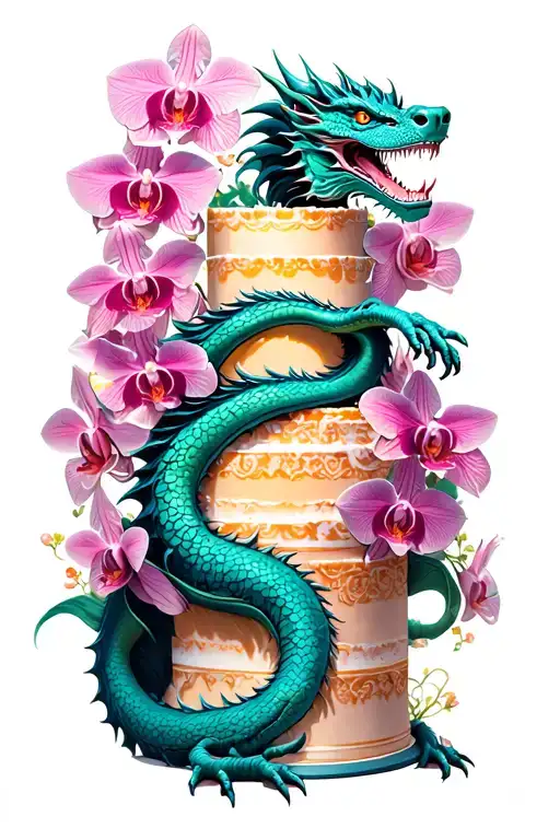 dragon wrapped around a tall cake with orchids intertwined tattoo design idea