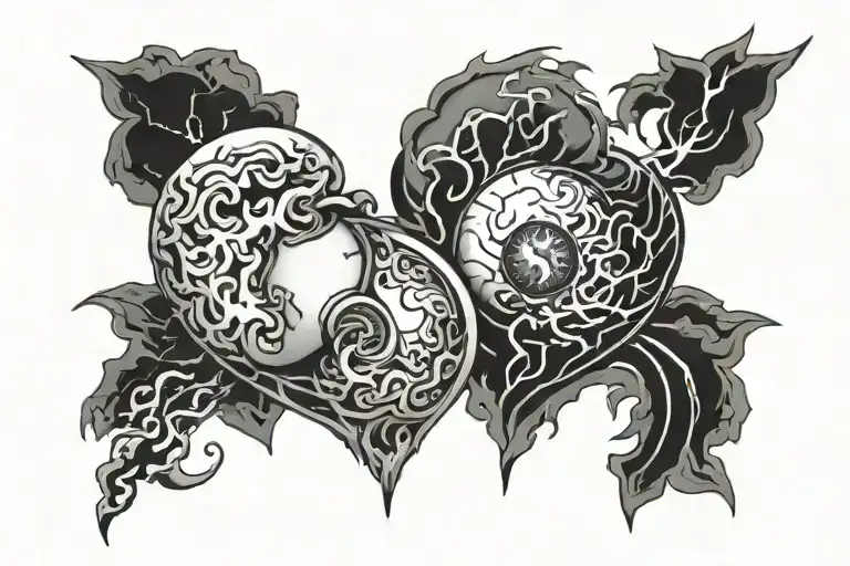yin yang black and white heart and brain and lightning tattoo design idea