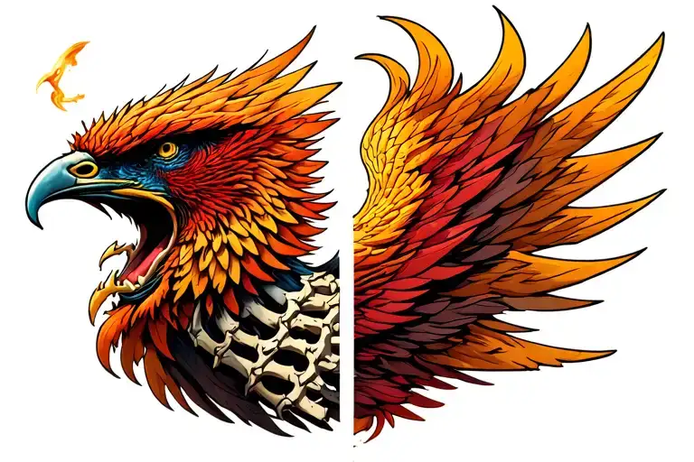 one side of a phoenix head with it's mouth wide open, in front of the bird is a human spine that the phoenix will eat tattoo design idea