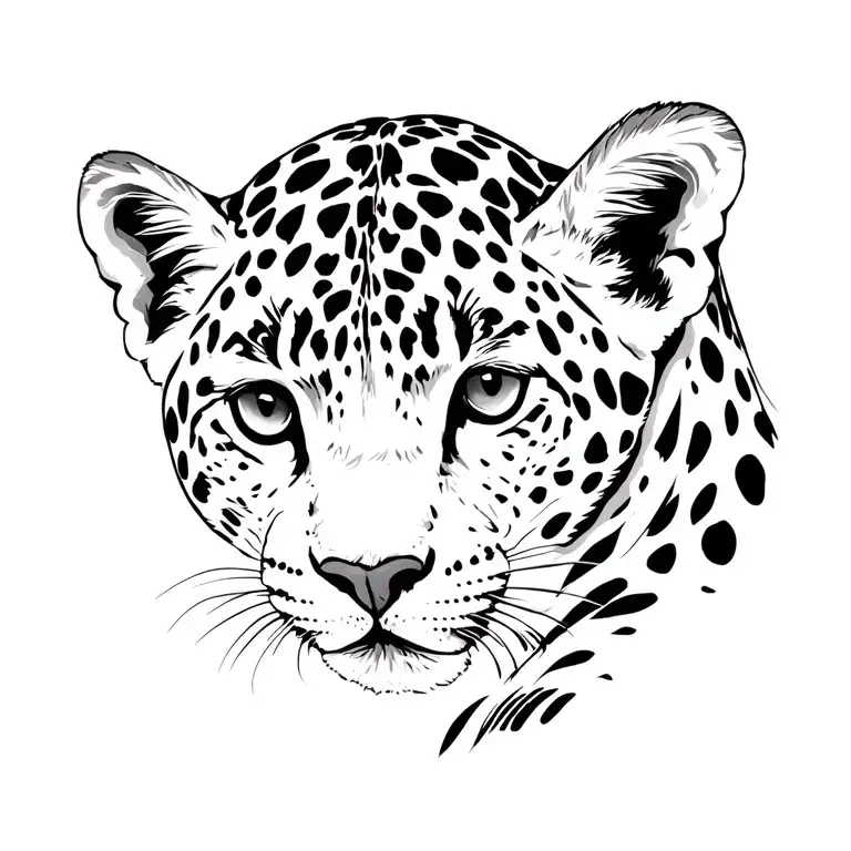 "Small realistic leopard cub tattoo design, very detailed and lifelike, in black and white, minimalistic and clean style tattoo design idea