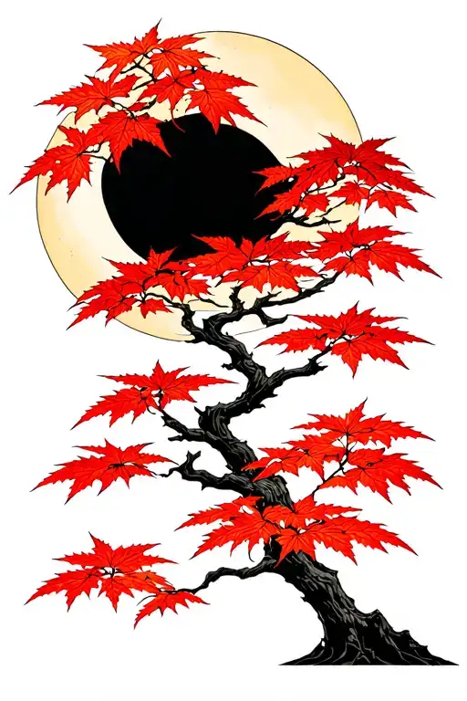 Japanese maple tree with leaves in front of moon tattoo design idea