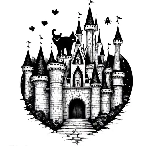 A whimsical Disney castle with a maincoon cat perched on top tattoo design idea