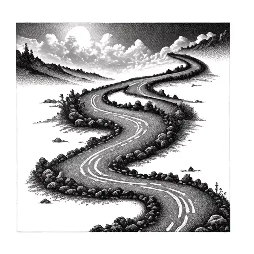 Incorporate a winding road with obstacles to symbolize the journey through drug addiction tattoo design idea