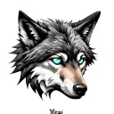 wolf head and viraj name reflecting in his eye inside tattoo design idea