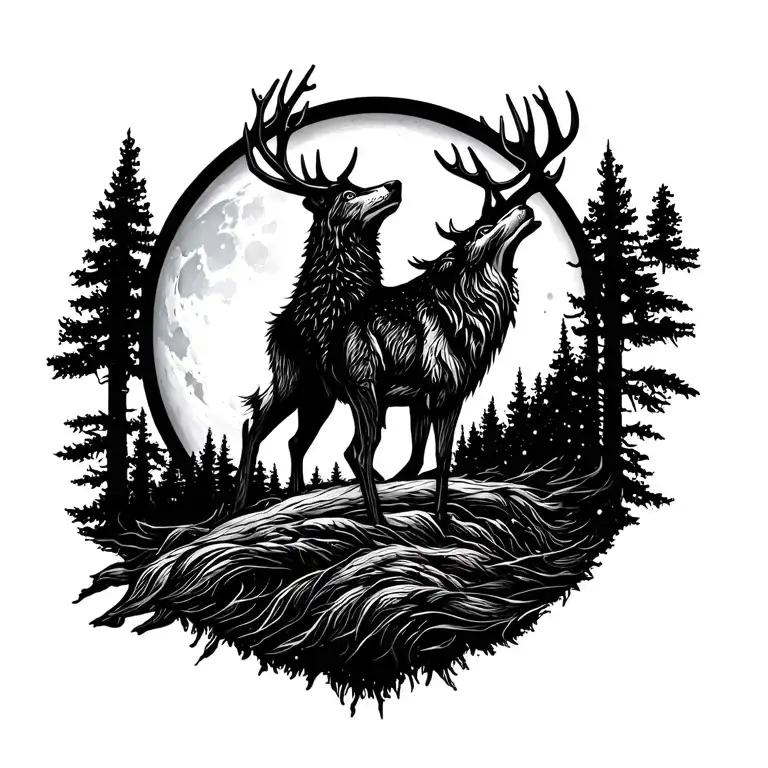 wolf howling at the moon deer with big hor tattoo design idea