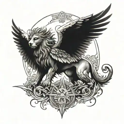 A guardian angel with wings made of intricately designed hawks, surrounded by a halo of lions tattoo design idea